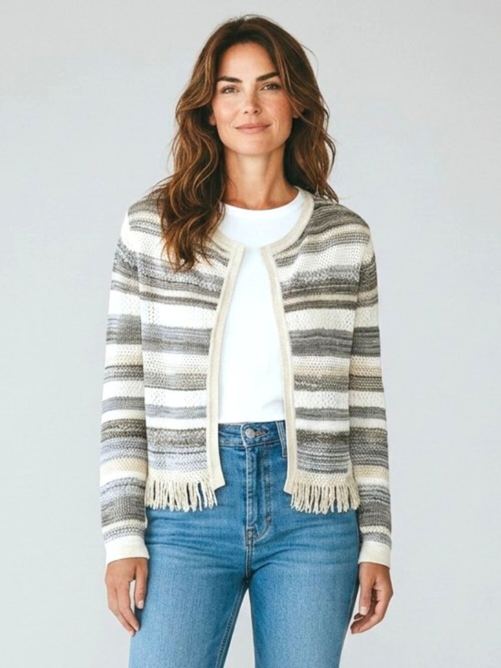 WHBM Knit Striped Open Front Cardigan with Gold Fringe | Coastal Grandmother